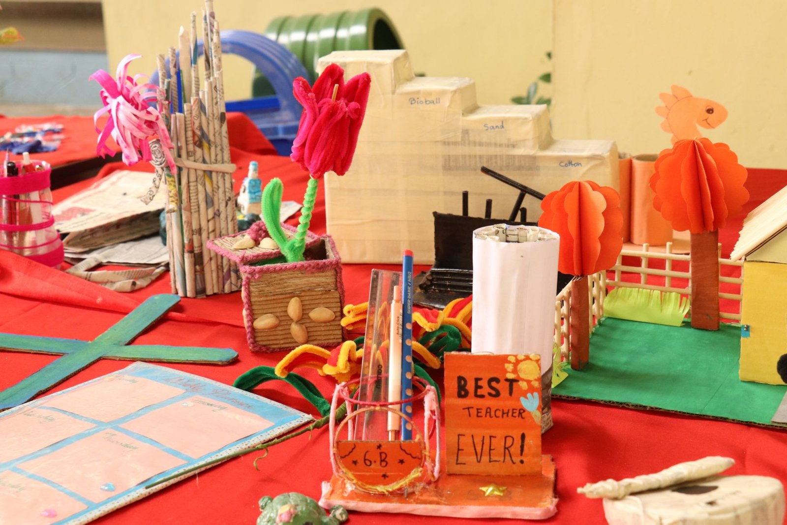 Student-made models and crafts displayed at the exhibition