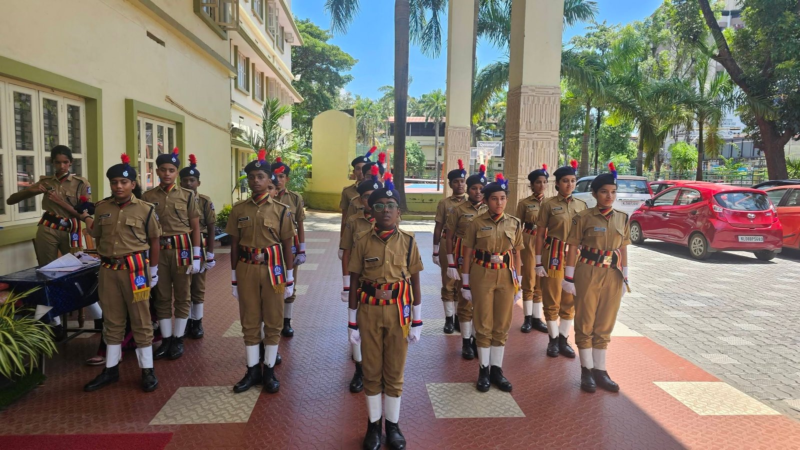 Devamatha student police cadets gathered in formation on campus